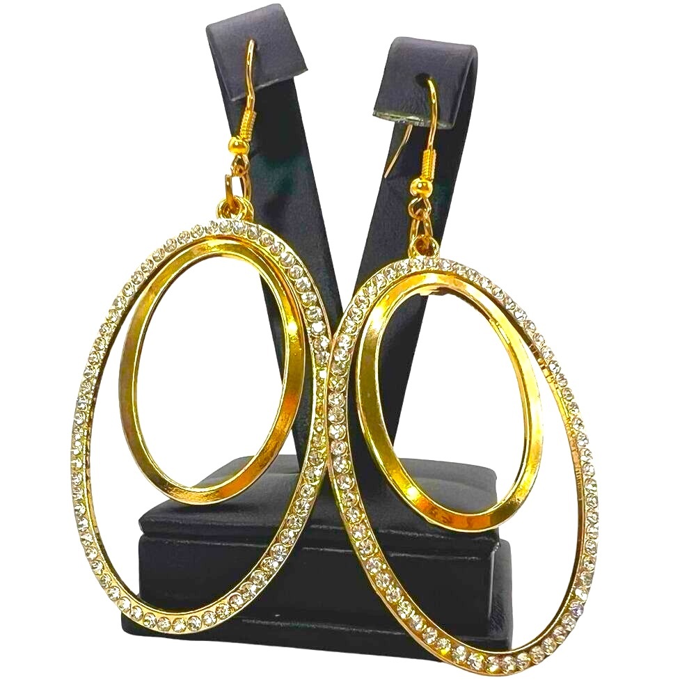 Large Gold Dangle Rhinestone Earrings New Statement Jewelry Prom Dance Clubbing